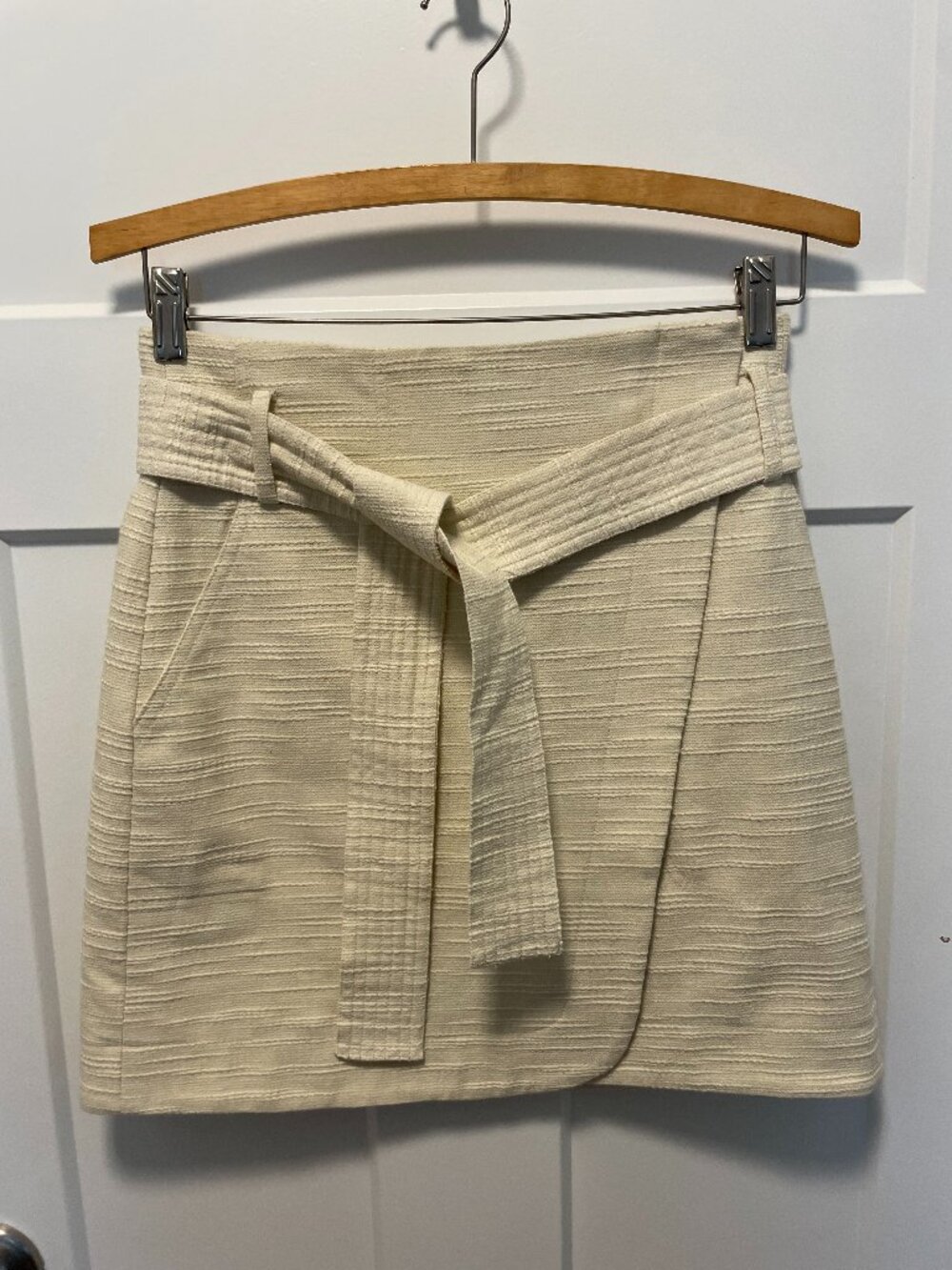 Sézane Leandra Skirt Ecru Ivory Textured Linen Blend Belted Wrap Mini FR 36 US 4